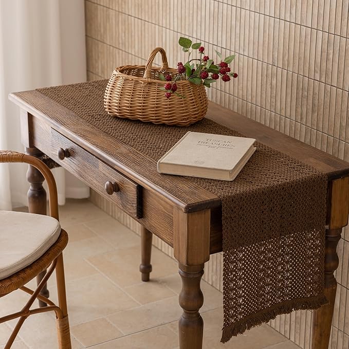 Keketoarrange Boho Brown Table Runner for Home Decor 13x72 Inches Farmhouse Small Macrame Woven Burlap Jute Rustic Coffee Table Runner Dresser Scarf Dining Kitchen Centerpiece Bohemian Decor