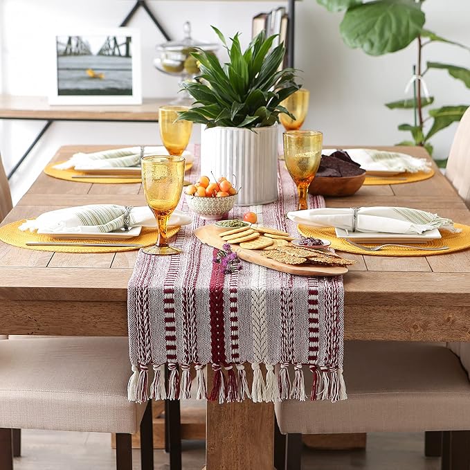 DII Farmhouse Braided Stripe Table Runner Collection, 15x108 (15x113, Fringe Included), Wine