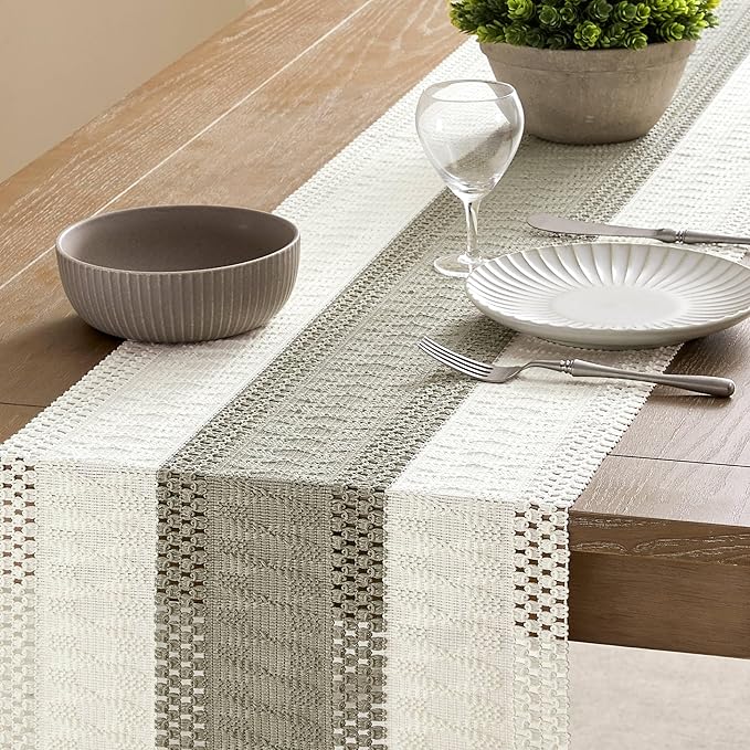 ZeeMart Macrame Style Bicolor Stitching Table Runner, 14 x 108 Inch Dark Sage/Ivory, Boho Grey Sage Table Runners 108 Inches Long, Farmhouse Woven Home Decor
