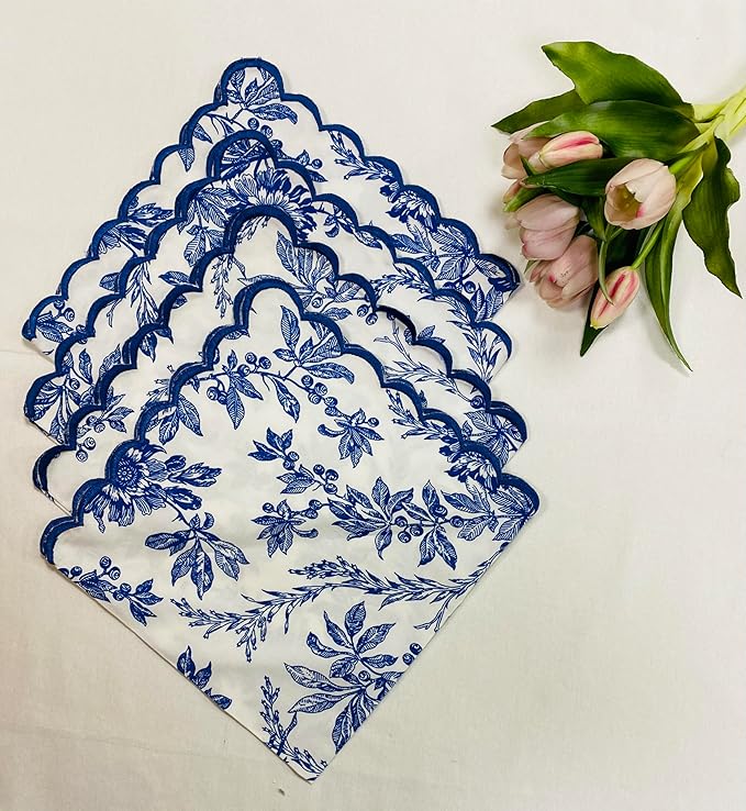 Ridhi Hand Block Print Incremental Blue 18" x 18" (Set of 4) Embroidery Table Napkins Reusable Cotton Dinner Napkins for Weddings, Parties, Everyday Dining Gift for Spring, Easter, Valentine