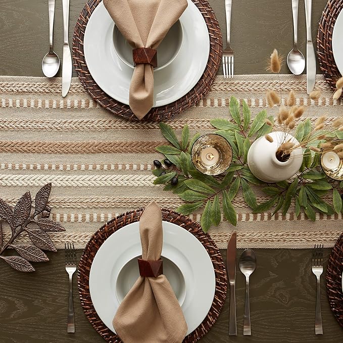 DII Farmhouse Braided Stripe Table Runner Collection, 15x72 (15x77, Fringe Included), Stone