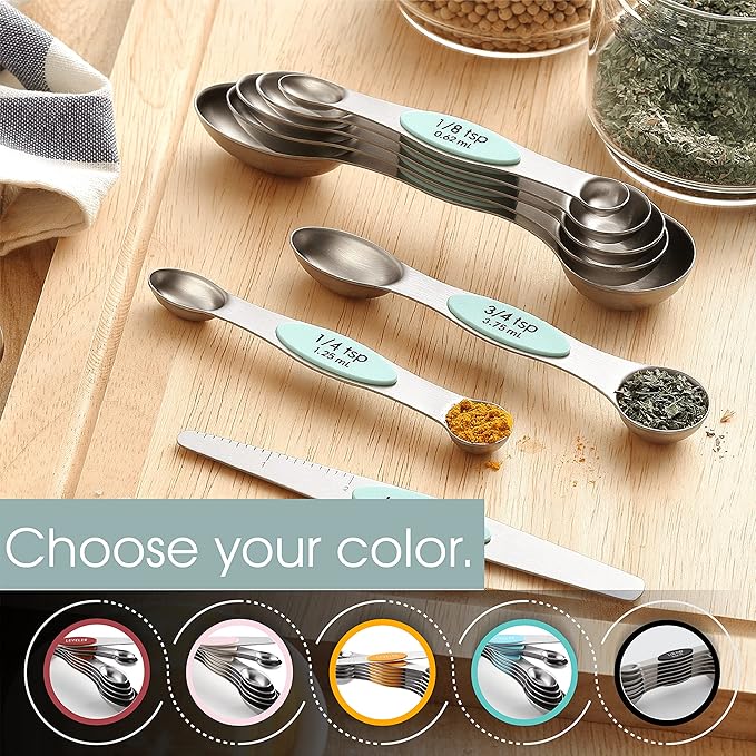 Spring Chef Stainless Steel Magnetic Measuring Spoons Set of 8 with Leveler, Metal Teaspoon & Tablespoon Measuring Spoons, Fits in Spice Jars, Kitchen Gadgets for Baking & Cooking - Set of 2 - Mint