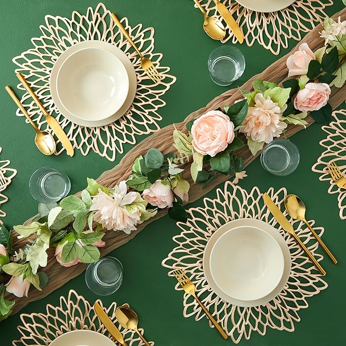 Juvale 10 Pack Gold Vinyl Placemats - 14.4" x 14.4" Round Table Mats and Plate Chargers with Leaf Design for Elegant Table Decor and Protection - Stylish Charger Plates for Events and Wedding Parties