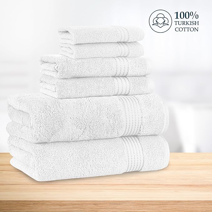 Mocassi Luxury 100% Turkish Cotton 6-Piece Towel Set - Ultra Soft, Quick Dry Highly Absorbent Premium Spa Hotel Quality Bath Towels, Includes 2 Bath Towels, 2 Hand Towels and 2 Washcloths, White