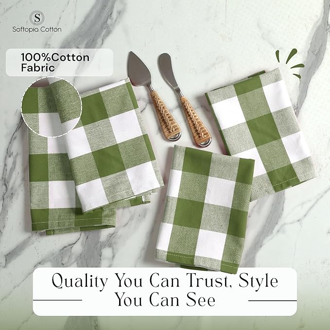 Mint Green Buffalo Plaid Cloth Napkins 4 Pack, 16x16 Inches, 100% Cotton, Washable Checked Table Linen, Rustic Farmhouse Decor for Family Dinner, Easter Brunch, Spring Family Meals