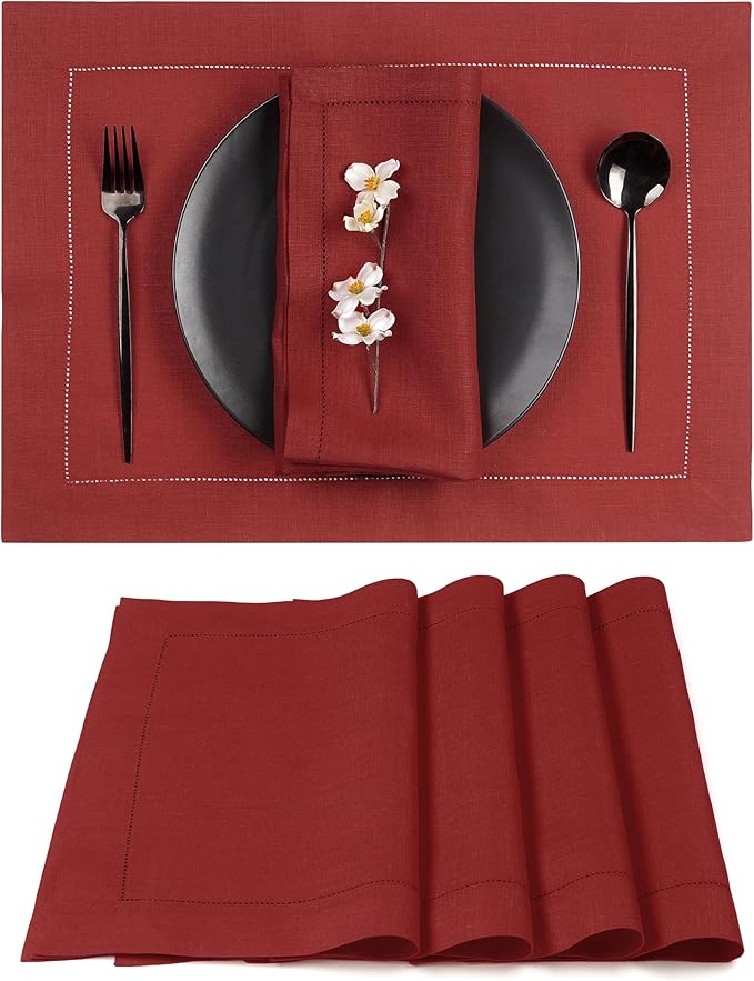 D'Moksha Homes Red Linen Placemats Set of 4 - Classic Hemstitch Placemats 14 x 19 Inch - 100% Pure Linen Table Mats for Mothers Day, Spring - Handcrafted and Machine Washable