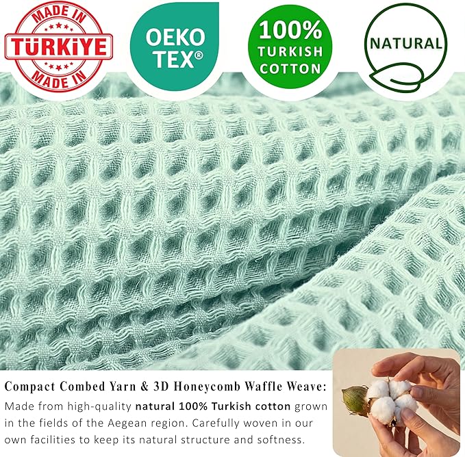 PÜSKÜL Natural 100% Turkish Cotton Waffle Bath Towels Set of 2-Piece | 32x63 inch Extra Large Absorbent Quick-Dry Lightweight Spa Towel | Luxury Sauna Accessories (Ice Green Bath Towels - Pack of 2)