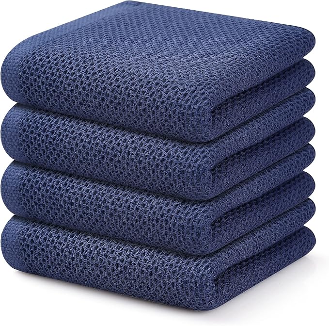 Kitinjoy 100% Cotton Waffle Weave Kitchen Hand Towels (13 x 28 Inches, Navy Blue), 4-Pack Super Soft and Absorbent Dish Towels for Drying Dishes