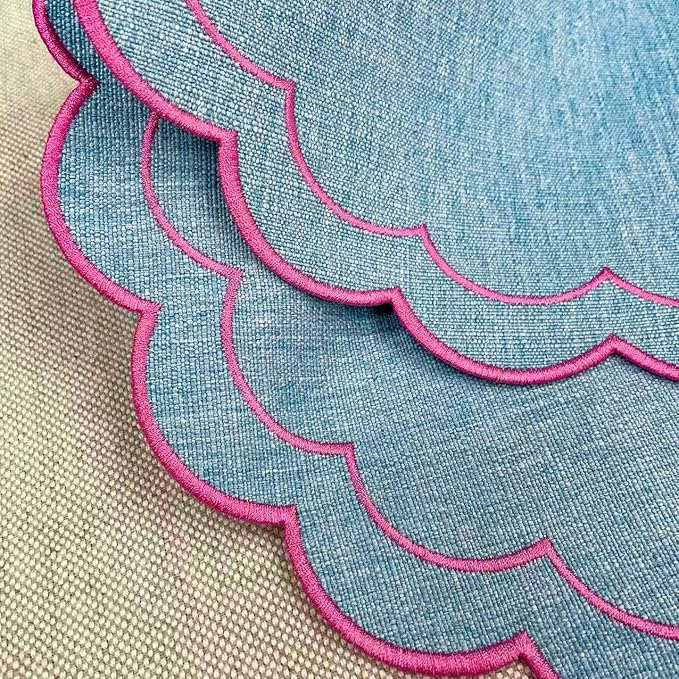 Linen Cotton Placemats Set of 4 Scalloped Flower Embroidery Place Mats 15'' Natural Linen Texture Fabric Machine Washable Table Mats for Restaurant Kitchen,Table Decor(Blue)