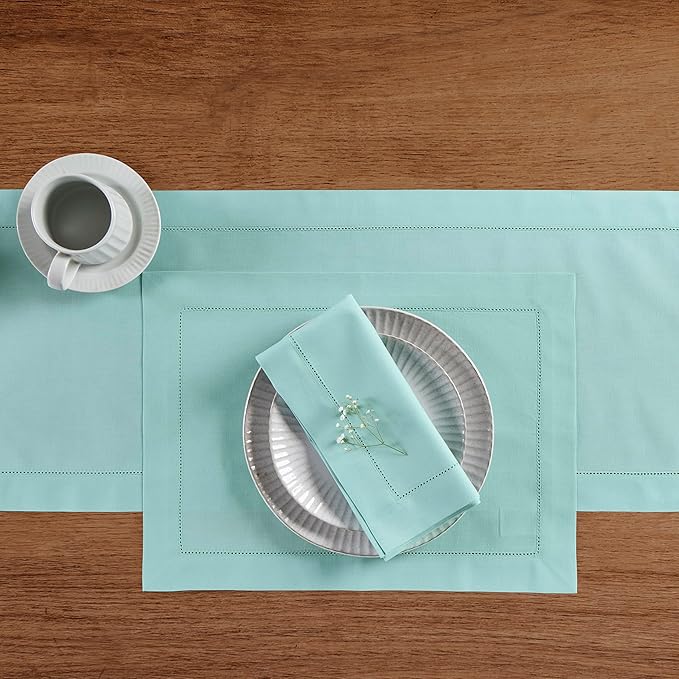 Solino Home Cotton Linen Placemats Set of 4 - Hemstitch Pastel Turquoise Placemats 14 x 19 Inch - Machine Washable Table Mats for Spring, Summer, Mothers Day