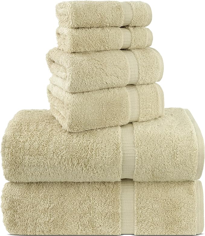Chakir Turkish Linens 100% Cotton Premium Turkish Towels for Bathroom, 2 Large Bath Towels 36x60, 2 Hand Towels, 2 Washcloths (6-Piece Towel Set, Beige)