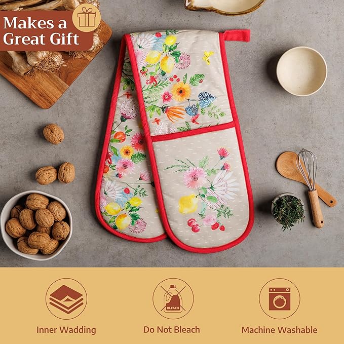 Maison d' Hermine Double Oven Mitts 100% Cotton 7"x35" Double Oven Mitt Heat Resistant BBQ Cooking Gloves with Loop Baking Grilling Gifts for Mothers Day Spring Summer (Jardin D'Ete - Fog)