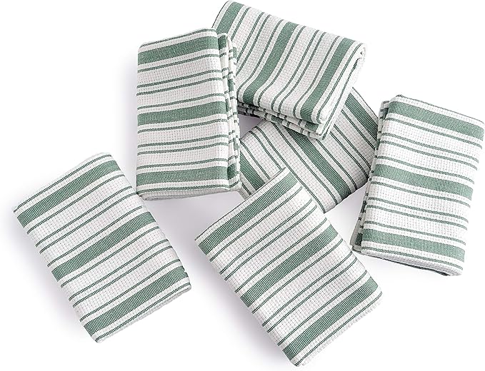 Kitchen Towels Set – Pack of 6 (20’’ x 30’’) Extra Large Premium Cotton Dish Towels for Kitchen – Basket Weave Towels – Absorbent – 100% Cotton – with Hanging Loop – Green