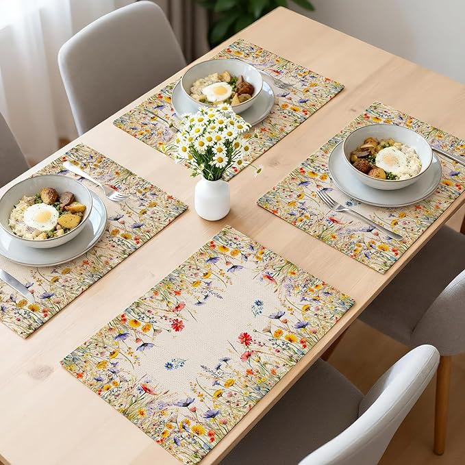 Spring Place Mats Set of 4 12x18 inch for Dinning Table - Blooming Floral Spring Table Decor, Party - Farmhouse Flower Seasonal Table Mats Decroations for Home
