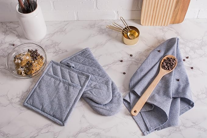 DII 100% Cotton Solid Chambray Kitchen Set, Oven Mitts, Blue, 2 Piece