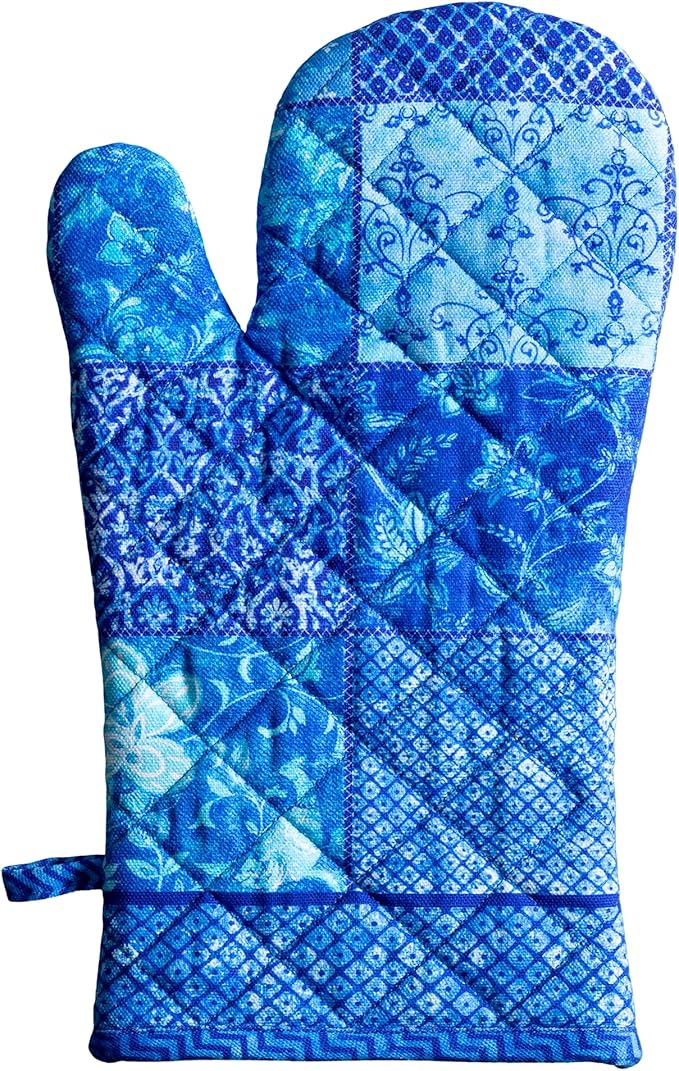Maison d'Hermine Oven Gloves 100% Cotton Oven Mitt 7" x 13" with Loop Heat Resistant BBQ Cooking Gloves Baking Grilling Gifts for Mothers Day Spring/Summer (Pack of 1, Indigo Love)