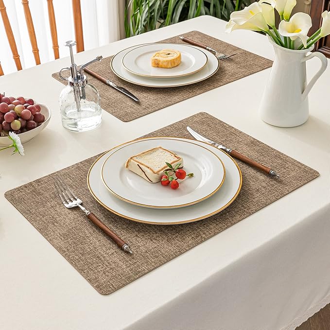 Romanstile Vinyl Placemats Set of 6-12 X 17 Inch - Faux Leather 100% Waterproof Oil-Proof Wipeable Place Mats, Heat Resistant Reversible PU Table Mats for Kitchen Dining Party Outdoor, Coffee