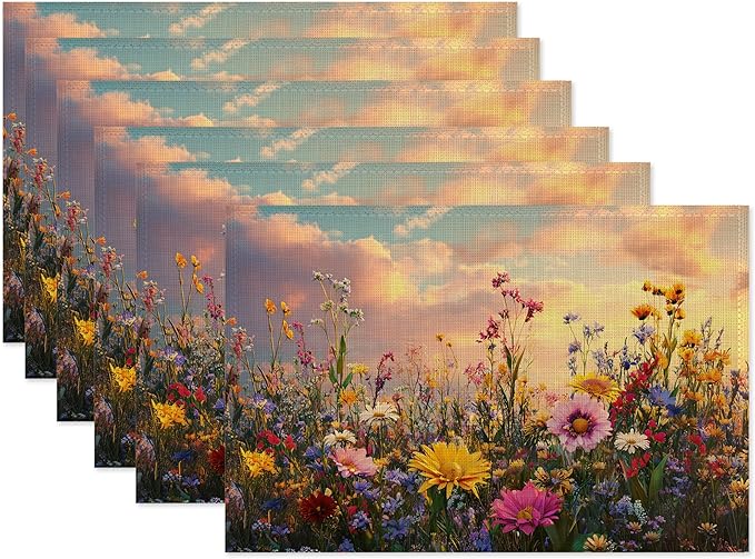 Garden Wlidflowers Placemat Set of 6,Plants Heat Resistant Linen Table Mats for Indoor Outdoor Home Kitchen Dining Room Table 12x18Inch