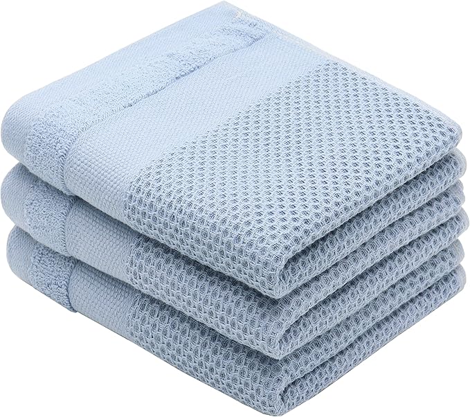 Mia'sDream Cotton Waffle Weave Hand Face Head Towel, Kitchen Tea Dish Washcloths, Soft Absorbent Bath Guest Gym, 13x28 Inch, 3 Pack (Blue)