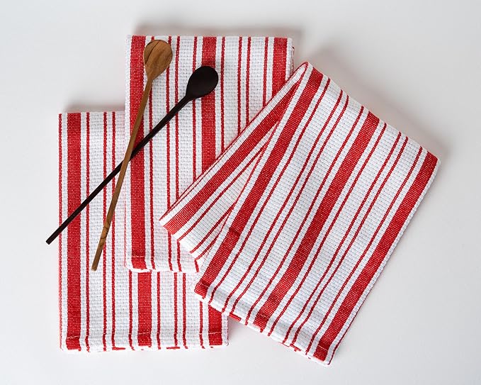 Kitchen Towels Set – Pack of 6 (20’’ x 30’’) Extra Large Premium Cotton Dish Towels for Kitchen – Absorbent – 100% Cotton – with Hanging Loop – Red Multi Design Striped