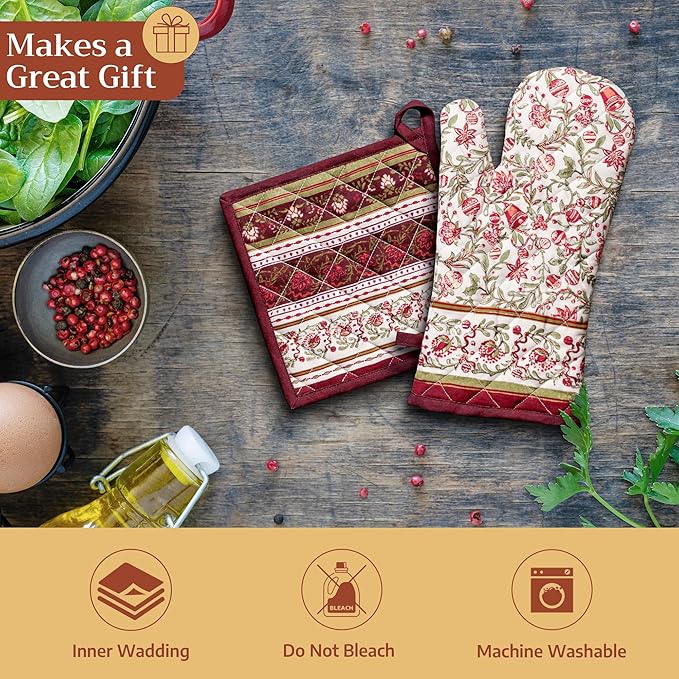 Maison d' Hermine Pot Holders Set 100% Cotton Heat Resistant Potholders 8" x 8" Hot Pads with Loop for Thanksgiving Christmas Decorations Baking Handling Hot Pans (Pack of 2, Reveillon Au Jardin)