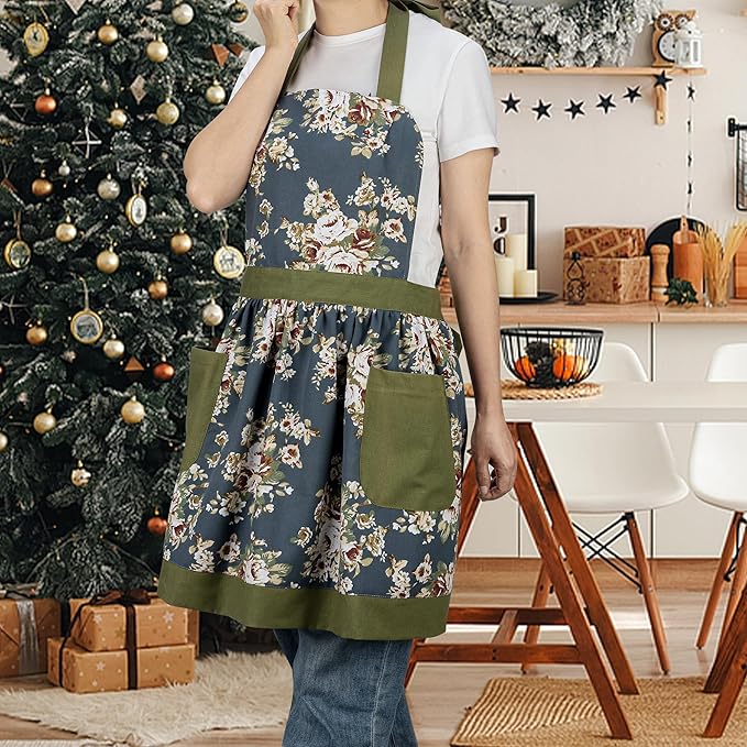 NEOVIVA Kitchen Aprons for Women with Pockets,Cooking Aprons for Women,Vintage Apron for Baking Gardening,Gifts for Mothers