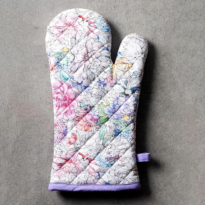 Maison d'Hermine Oven Gloves 100% Cotton Oven Mitt 7" x 13" with Loop Heat Resistant BBQ Cooking Gloves Baking Grilling Gifts for Mothers Day Spring/Summer (Pack of 1, Floral Love)