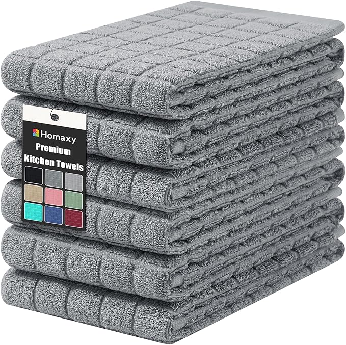 Homaxy Premium Cotton Kitchen Towels 16"x 28", Large Natural Ring Spun 390 GSM Dish Towels, Super Absorbent Terry Kitchen Hand Towels, Soft Tea Towels with Hanging Loop, Pure Grey Design, 6 Pack
