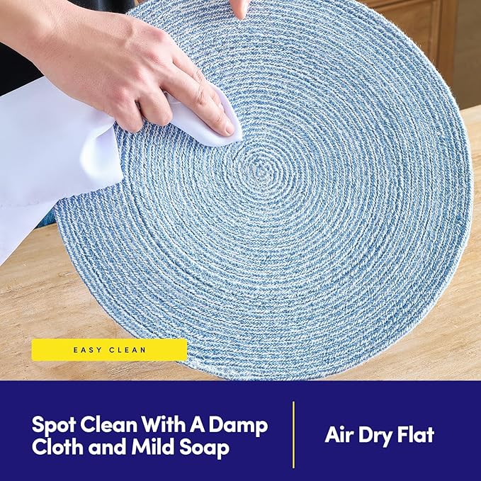 Round Placemats Set of 6-100% Cotton Two-Tone Placemat for Dining Table - Woven Braided Table Setting Place Mat - Washable Table Decor for Kitchen, Farmhouse, Rustic, Everyday Use, Dark Blue