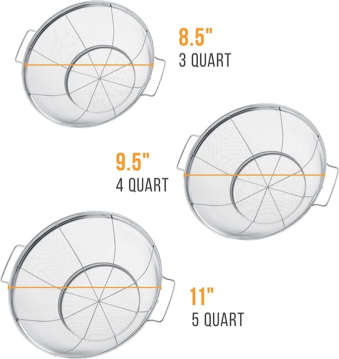U.S. Kitchen Supply Set of 3 Stainless Steel Colander Strainers Net Baskets 5, 4, & 3-Quart - Colander with Handles & Resting Base - Stainless Steel Sieve, Mesh Strainers and Colanders for Kitchen