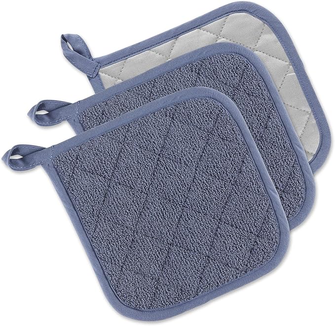DII Basic Terry Collection Quilted 100% Cotton, Potholder, Stonewash Blue, 3 Piece