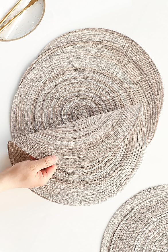 Floroom 15 Inch Round Braided Placemats Set of 6, Washable Heat Resistant Cotton Polyester Circle Place Mats for Kitchen Dining Table - Rainbow Gray