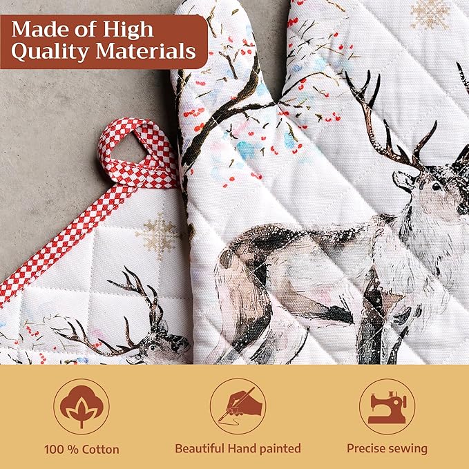 Maison d' Hermine 100% Cotton Oven Mitt & Pot Holder Set (7.5"x13" & 8"x8") Heat Resistant BBQ Cooking Gloves with Loop for Thanksgiving Christmas Decorations Handling Hot Pans (Rural Christmas)