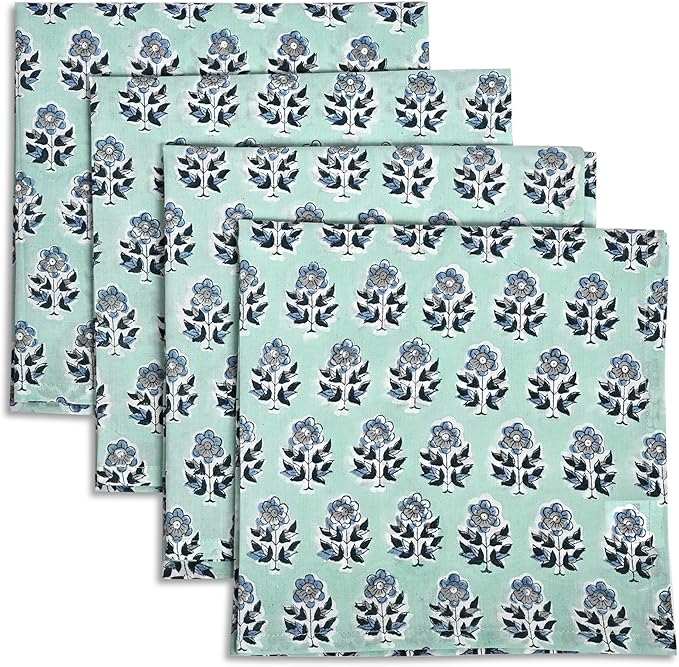 CPC Poppy Blue Indian Block Print Cotton Cloth Napkins Set of 4, 18x18 Reusable Everyday Napkins, Soft, Absorbent, Floral Dinner Napkin, Holiday, Party Gift, Spring,Mother's Day
