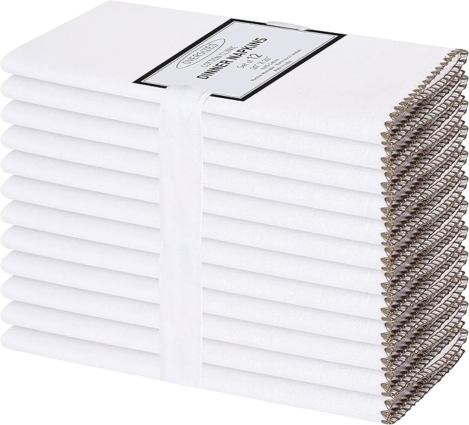Cotton Clinic Cloth Napkins with Trim - Everyday Use Table Dinner Napkins - Soft Durable Washable - Ideal for Dinner Party Wedding Christmas Easter - Set of 12-20x20 inches Grey White Napkins