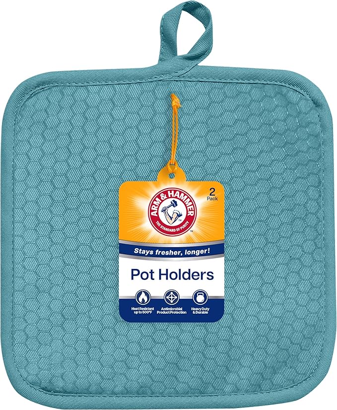 Arm & Hammer Quilted Pot Holders, Heat Resistant, Non-Slip Silicone Grip, 2 Pack, Teal