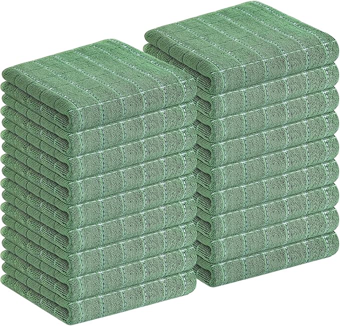 Homaxy 100% Cotton Terry Kitchen Towels(Grass Green, 13 x 28 inches), Checkered Designed, Soft and Super Absorbent Dish Towels, 18 Pack
