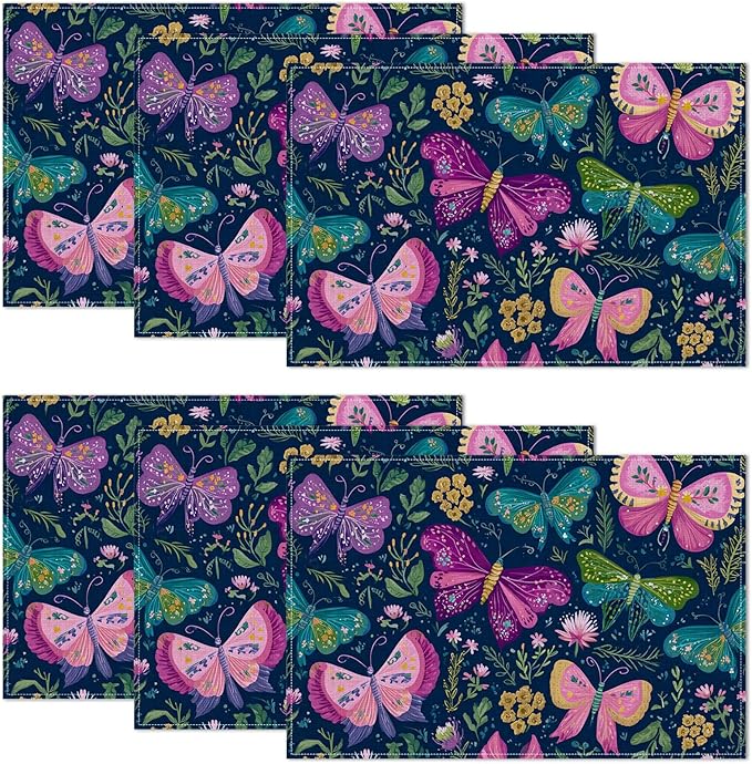 Butterfly Floral Vintage Placemats Set of 6,12 x 18 Inch Table Mats Washable Heat Resistant Linen Fabric Rectangle Place Mat for Party Home Kitchen Dining