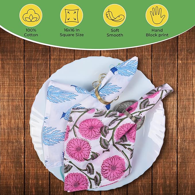 DIYANAIMPEX 10 Pc Cotton Cloth Napkins Hand Block Print Hand Made Size 16x16 Inch Printed Home Decor Indian Eco Friendly Mix Lot Dinner Napkins (Multicolor)