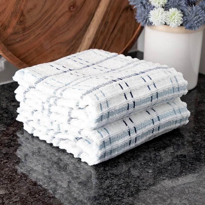 Ritz Royale Collection 100% Combed Terry Cotton, Highly Absorbent, Oversized Checked Kitchen Towel Set, 28" x 18", 2-Pack, Federal Blue