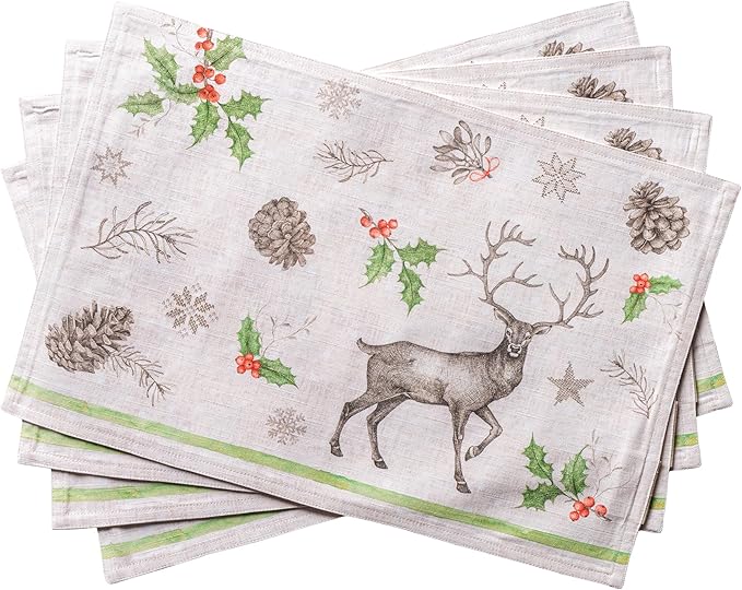 Maison d' Hermine Placemats Set of 4 100% Cotton Washable Cloth Place Mats, Reusable Table Mats for Thanksgiving Christmas Decorations Kitchen Dining Party Wedding (Christmas Dew, 13" x 19")