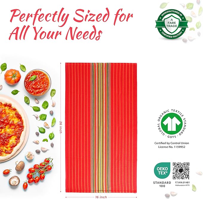 THREAD SPREAD Kitchen Dish Towels, 100% Cotton Salsa Towels, Set of 24 (16x28 Inches), Multi Purpose Cooking Drying Restaurant Bar Cleaning Cloth Napkin, Highly Absorbent, Lint Free (Red & Orange)