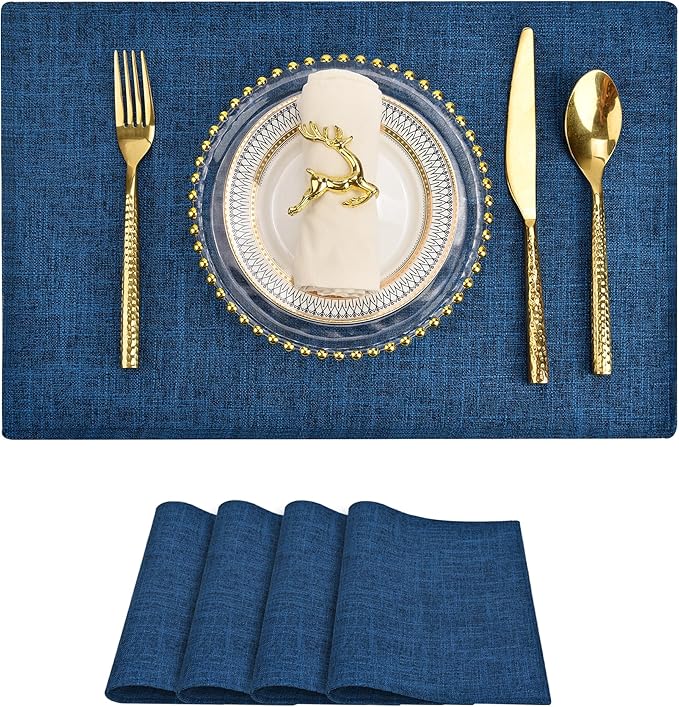 SLKQG Navy Linen Fabric Placemats Set of 4, Heat Resistant & Machine Washable Double-Layered Cloth Placemats for Dining Table, Indoor/Outdoor Use, Non-Slip Kitchen Table Mats (4, Navy)