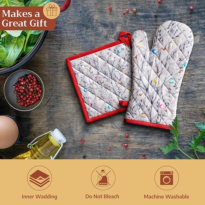 Maison d' Hermine Oven Gloves 100% Cotton Oven Mitt 7" x 13" with Loop Heat Resistant BBQ Cooking Gloves for Thanksgiving Christmas Decorations Baking Handling Hot Pans (Pack of 1, Fairy Christmas)