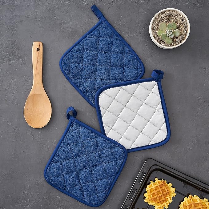 Kitchen Pot Holders Set Heat Resistant Pure Cotton Potholders Kit Trivets Large Coasters Hot Pads Terry Pot Holders for Everyday Cooking and Baking by 7 x 7 Inch Set of 6 Dark Blue