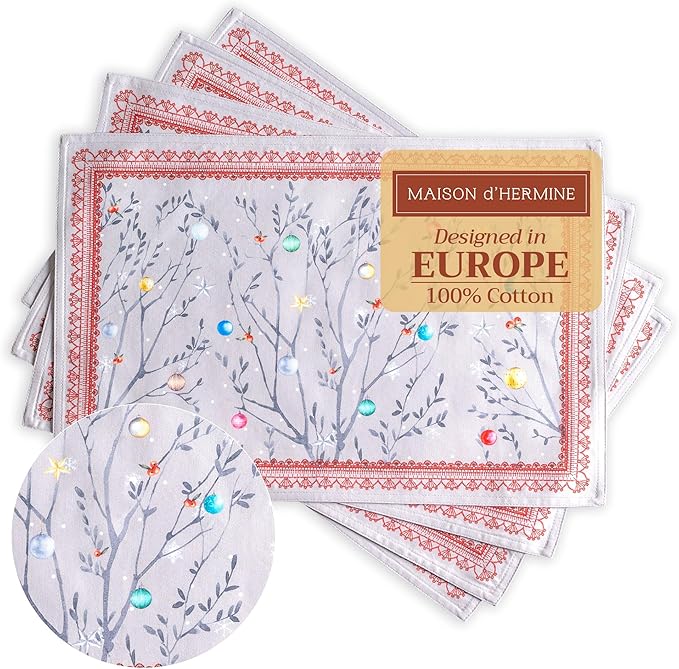 Maison d' Hermine Placemats Set of 4 100% Cotton Washable Cloth Place Mats, Reusable Table Mats for Thanksgiving Christmas Decorations Kitchen Dining Party Wedding (Fairy Christmas, 13" x 19")