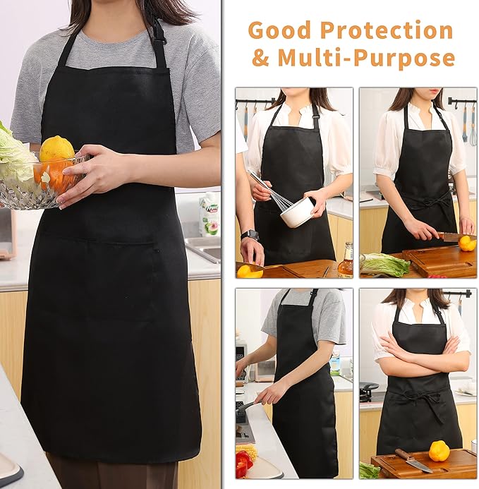 Tosewever 4 Pack Adjustable Bib Apron Waterdrop Resistant Apron with Pocket, Cooking Kitchen Restaurant Aprons for Women Men Chef, BBQ Drawing Crafting Outdoors (Polyester-Black, 4)