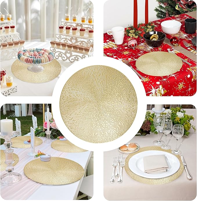Snowkingdom Gold Placemats Round Set of 8, Gold Metallic Hollow Vinyl 15 Inch Round Placemat, Washable Wipeable Easy Clean Non Slip Stain Kitchen Dining Table Place Mats for Wedding Party Decoration