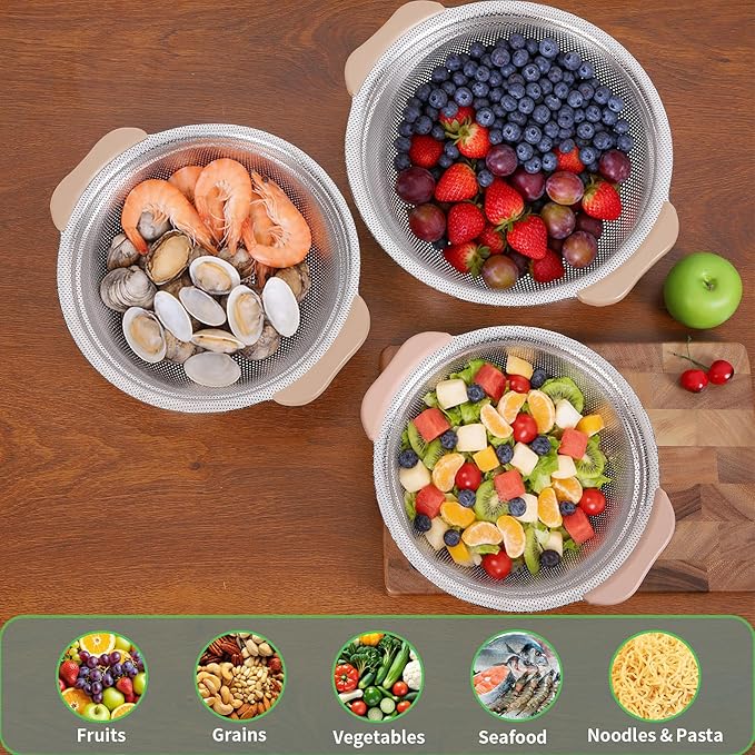 Colander Set with Plastic Handles, Stainless Steel Micro-Perforated Colanders Strainers for Draining Rinsing Washing, Ideal for Pasta Vegetables Fruits, Heavy Duty & Dishwasher Safe