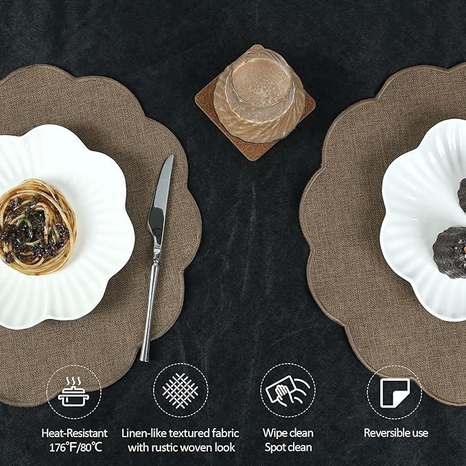AHHFSMEI Round Faux Linen Placemats Set of 4 Heat Resistant Non-Slip Stain Proof Table Mats for Kitchen Dining Elegant Decor Place Mats (Brown,4)